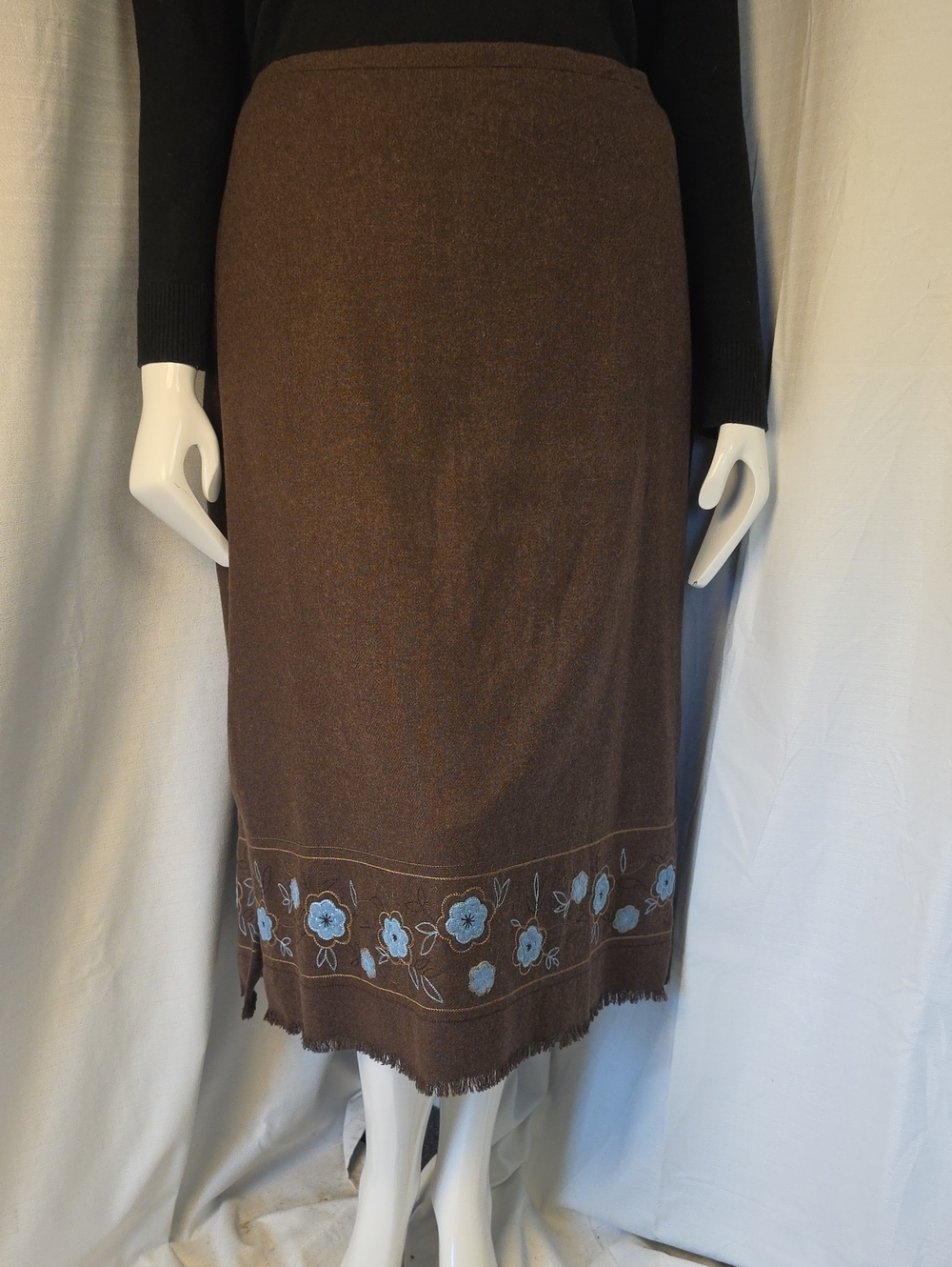 Dressbarn Brown 60% Wool Blend Maxi Skirt with Blue Floral Embroidery Size 20W